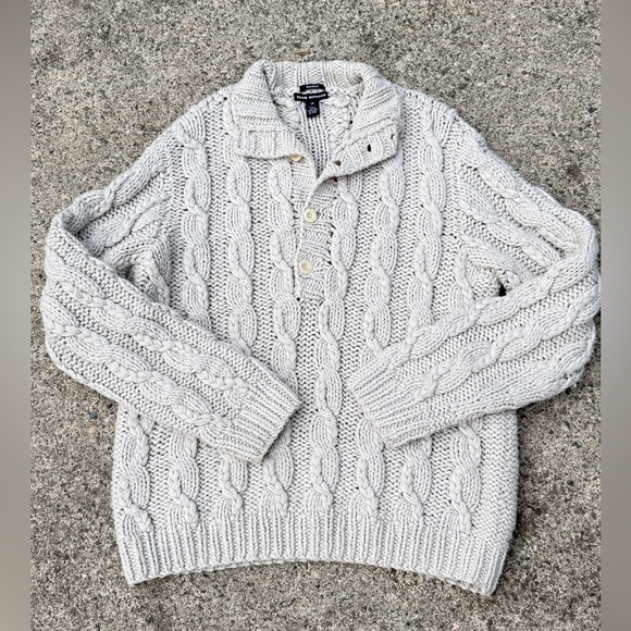 Club Monaco Sweaters - Club Monaco Cable Knit Quarter Neck -Button Sweater – Light Gray – Size L